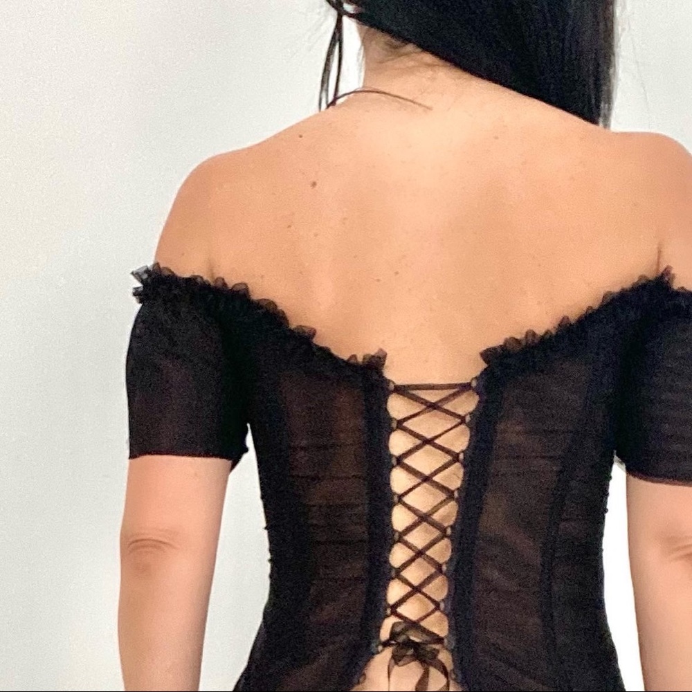 Vintage black mesh back lace up top - Picture 3 of 10